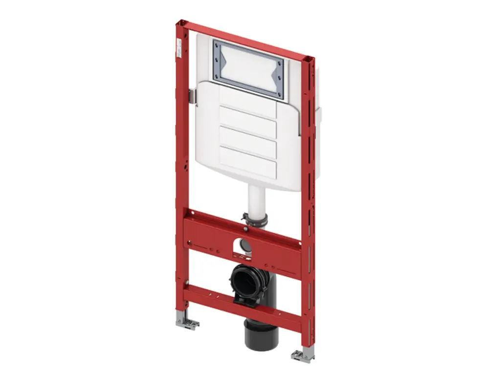 TECE WC-Modul mit integrierten Spülkasten, rotem Rahmen und Abfluss. Geeignet für den Einbau in Wänden zur Sanitärinstallation.